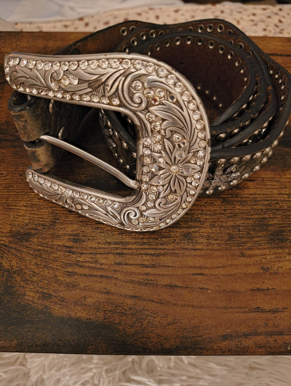 Beautiful Star Stuffed Silver Brown Leather Belt 40length
